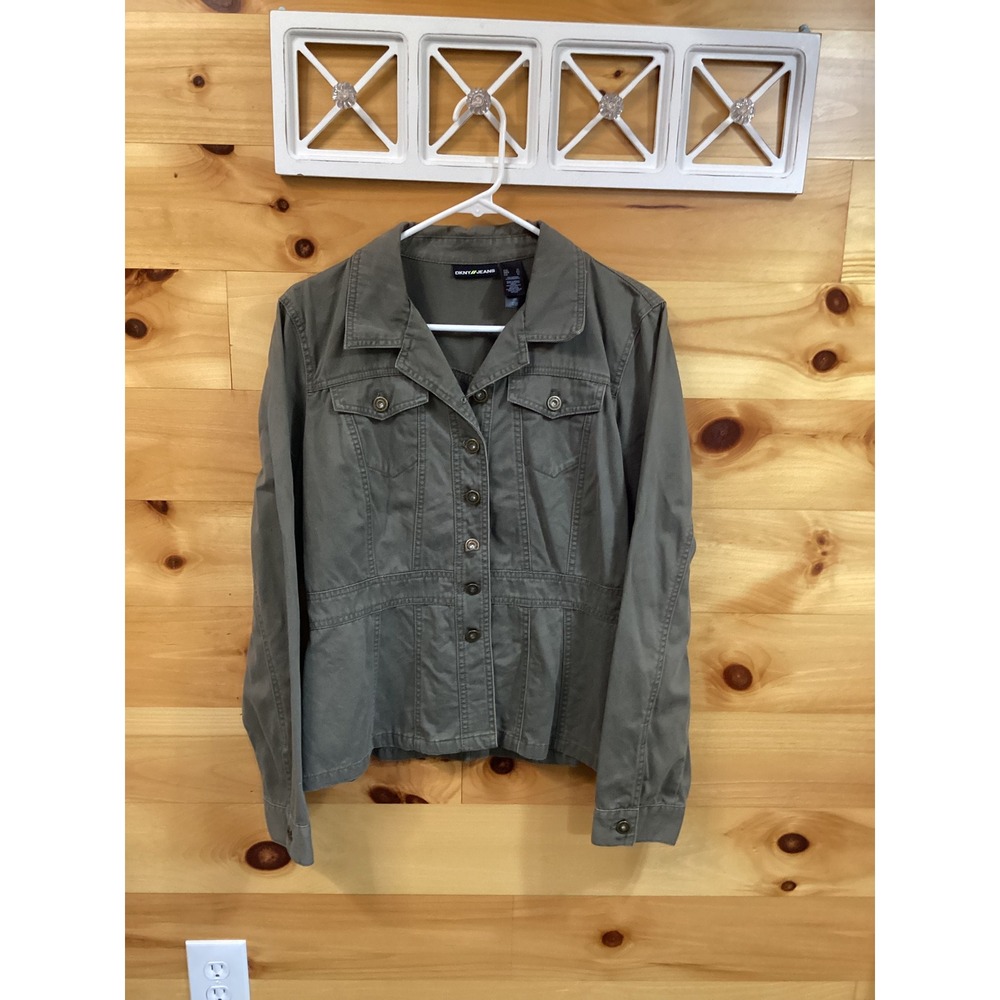DKNY Jeans Women XL Olive Green Cotton Utility Jacket Military Style Button Up